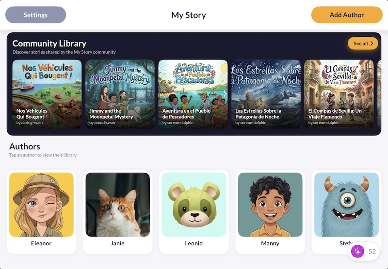 Separate author profiles, each with its own private story library